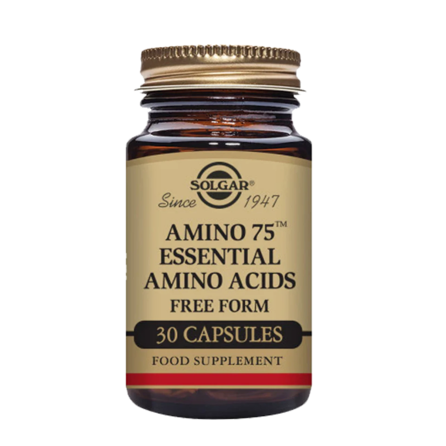 Bottle of Amino 75 Essential Amino Acids vegan capsules.