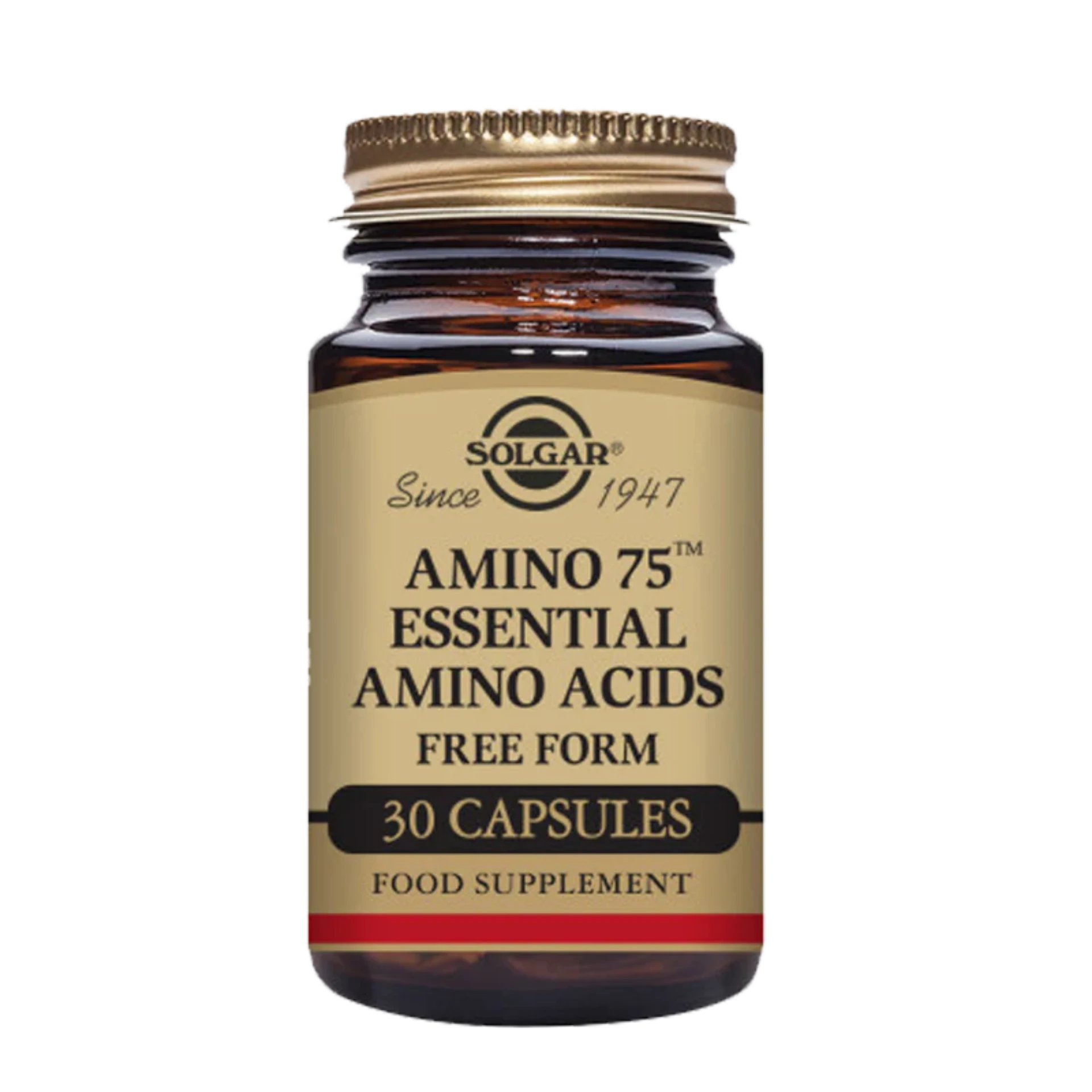 Bottle of Amino 75 Essential Amino Acids vegan capsules.