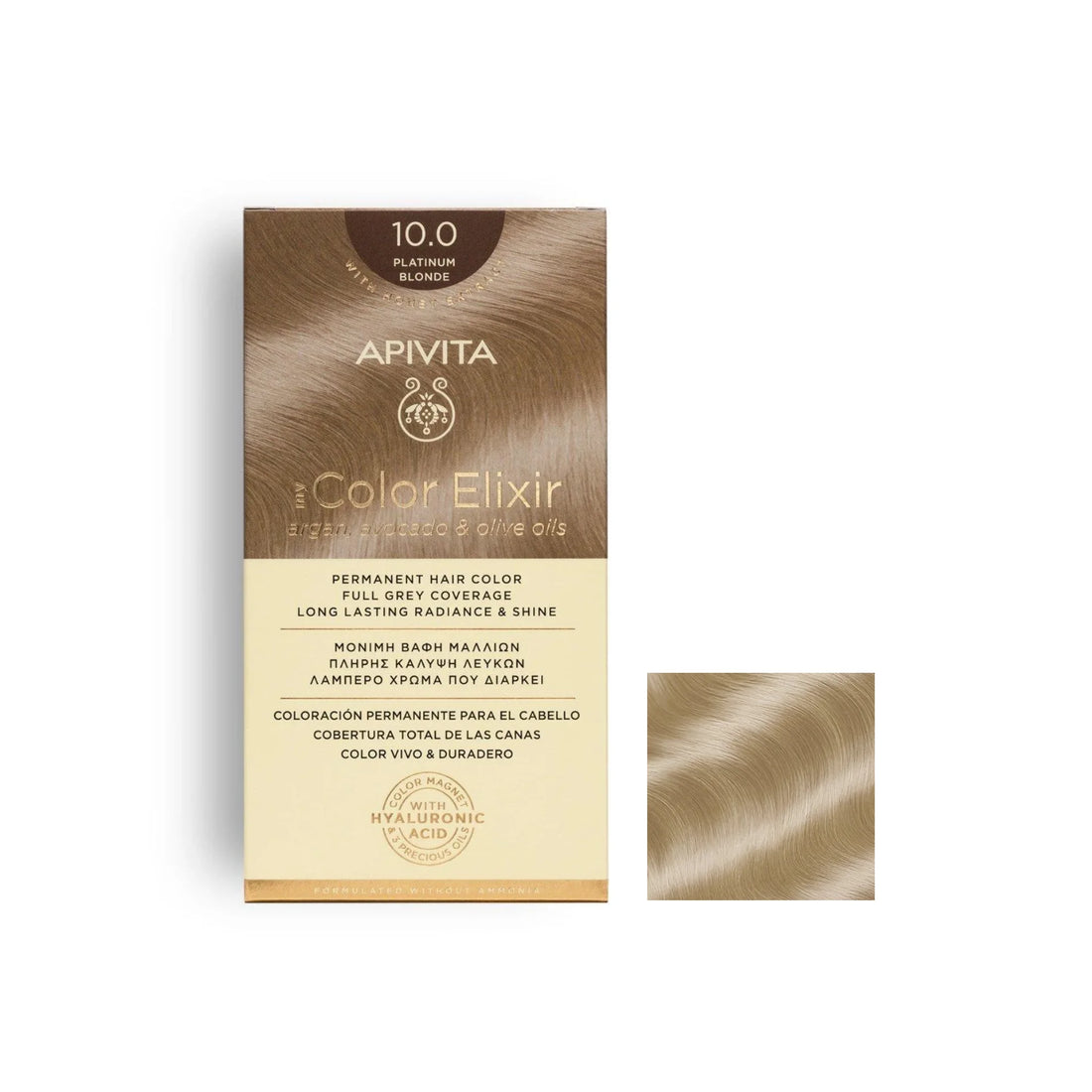 Apivita Permanent Hair Color 10.0 Platinum Blonde – Ammonia-free hair dye with natural ingredients.