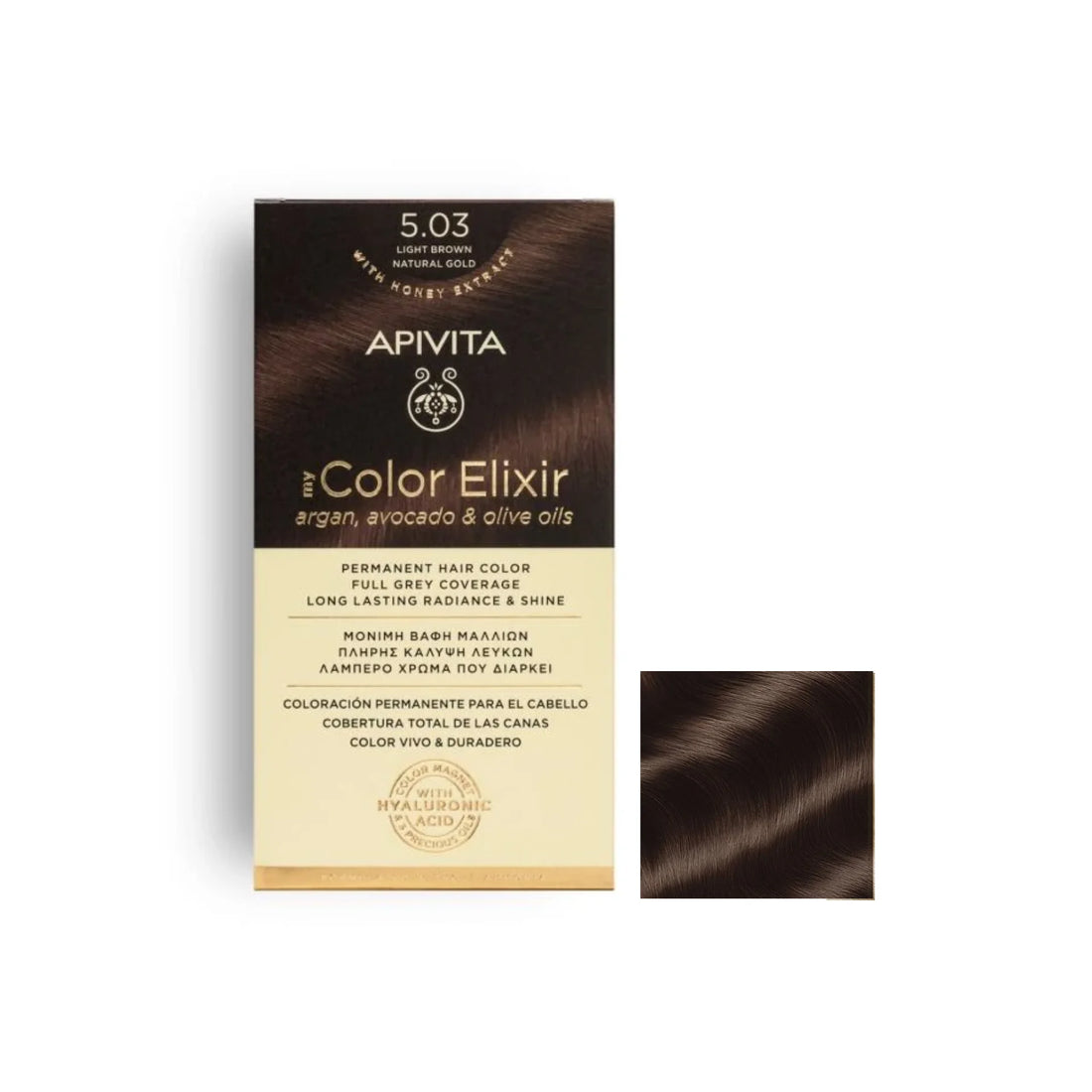 Apivita 5.03 Light Brown Natural Gold Hair Dye – Natural-looking, ammonia-free hair color.
