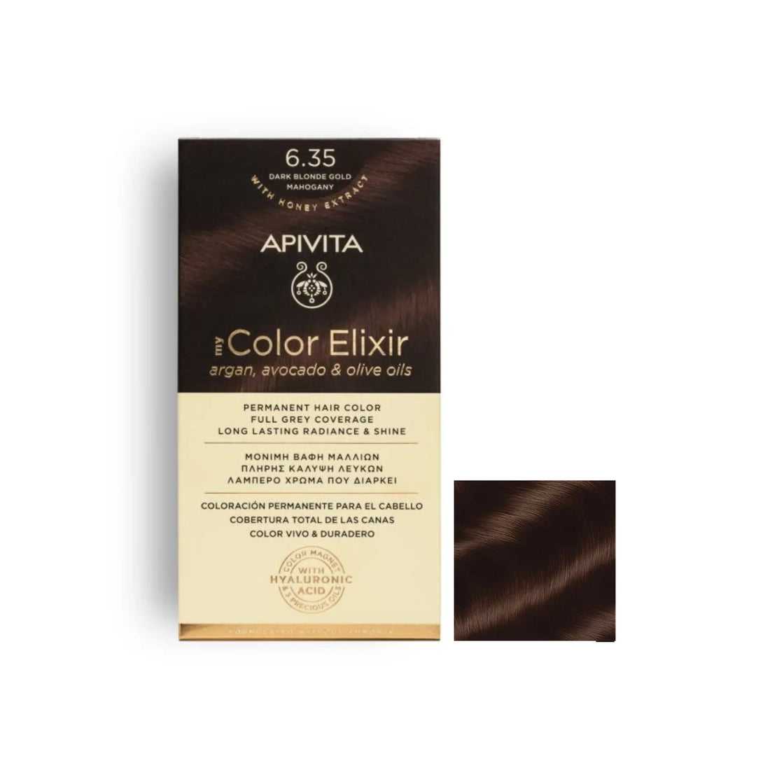 Apivita My Color Elixir Dark Blonde Gold Mahogany 6.35 – Permanent hair dye with a warm gold mahogany tone.
