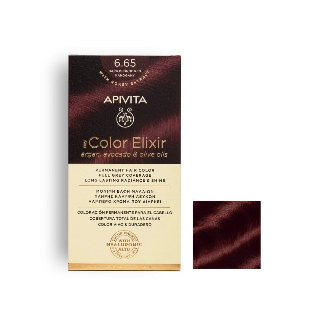 Apivita Permanent Hair Color 6.65 Dark Blonde Red Mahogany – Rich and warm red-toned dark blonde hair color.