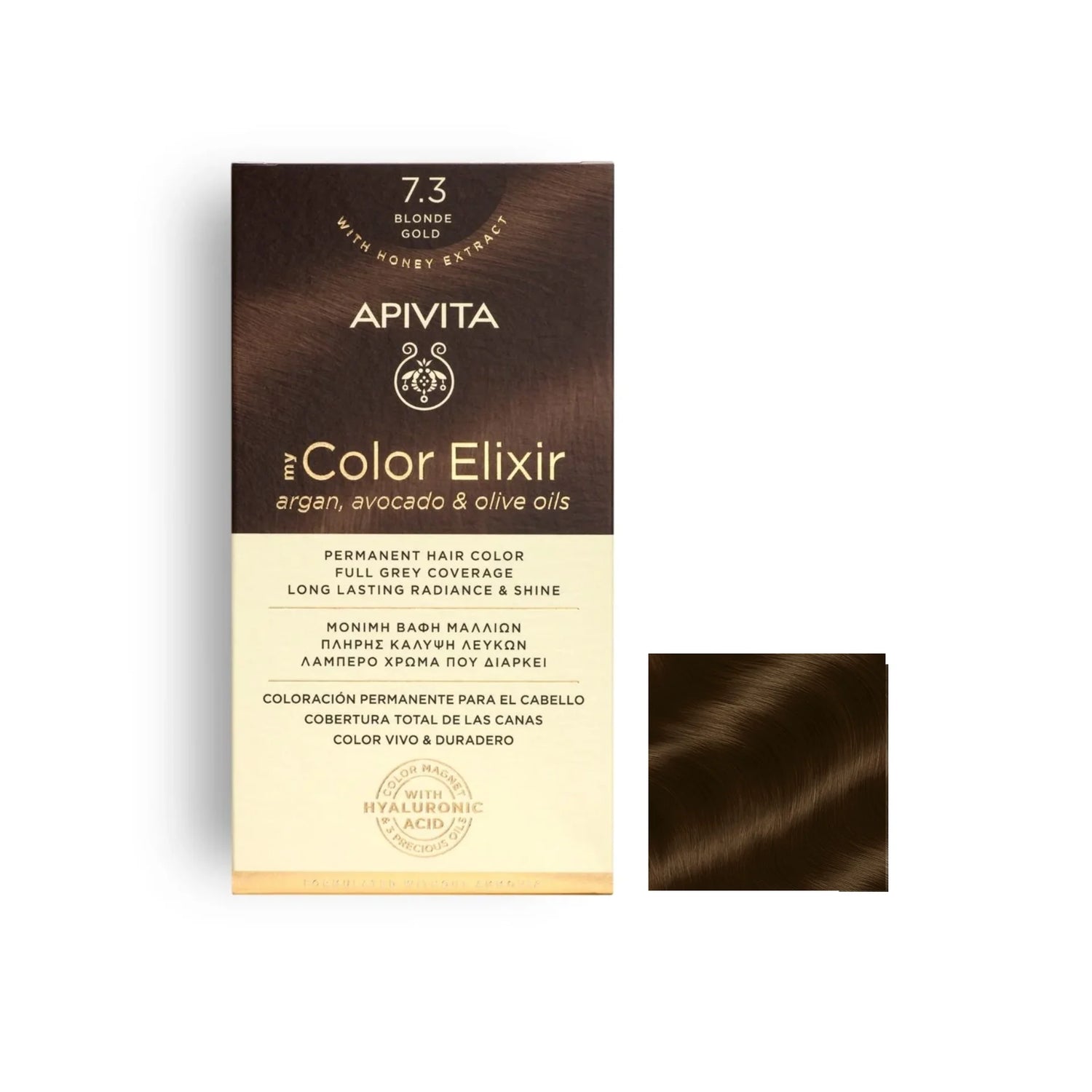 Apivita Permanent Hair Color 7.3 Blonde Gold – Warm, golden blonde hair color with nourishing botanical ingredients.