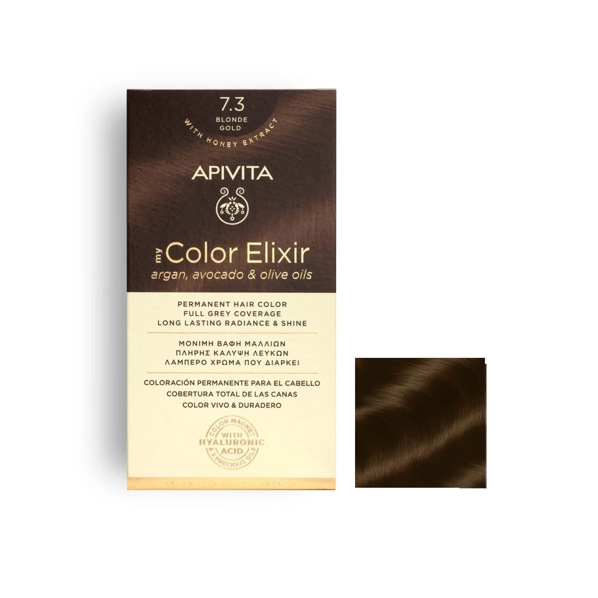 Apivita Permanent Hair Color 7.3 Blonde Gold – Warm, golden blonde hair color with nourishing botanical ingredients.