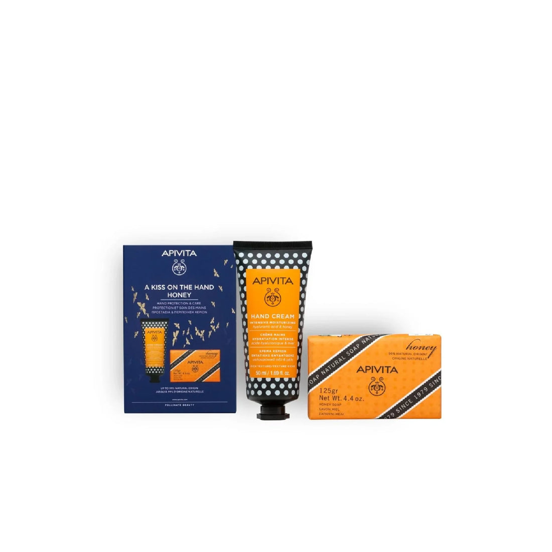 Apivita A Kiss on the Hand Honey – Nourishing hand cream and natural soap enriched with honey for hydration.