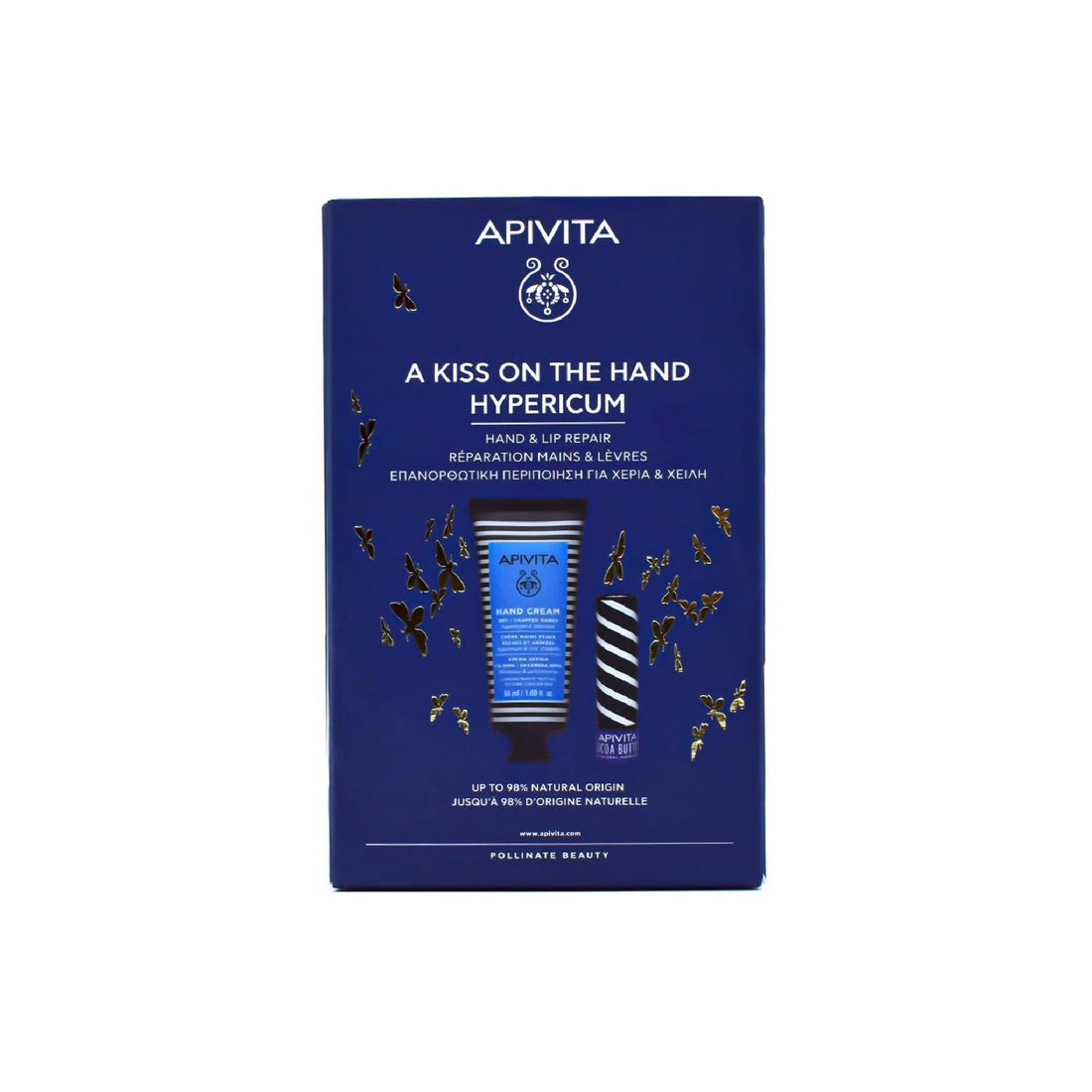 Apivita A Kiss on the Hand Set with Hypericum Hand Cream and Cocoa Butter Lip Care.