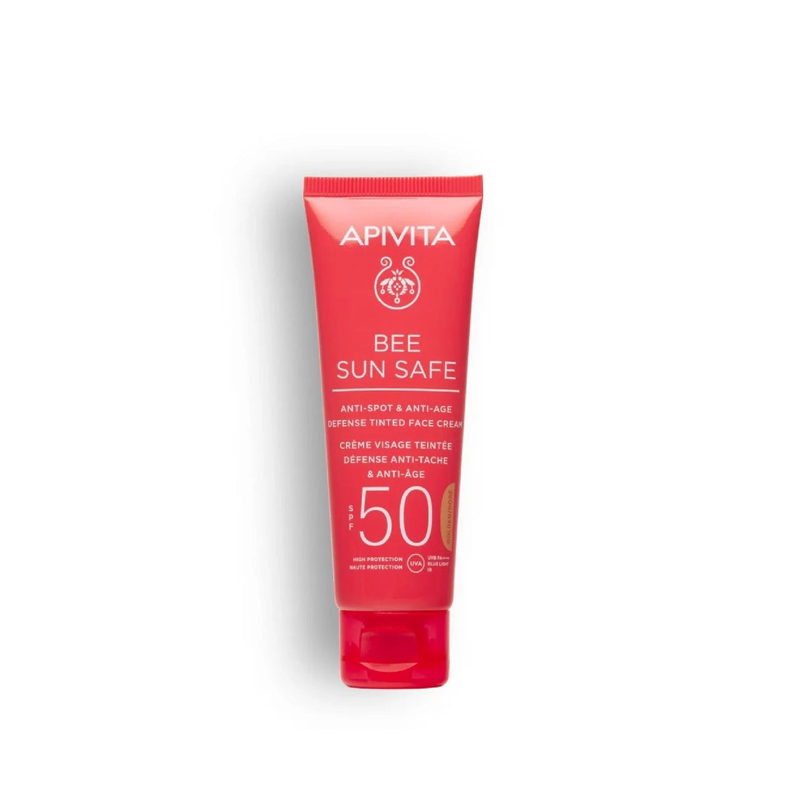 Apivita  Bee Sun Safe Gold Tinted SPF50 in golden tint, providing sun protection and skin-evening benefits.