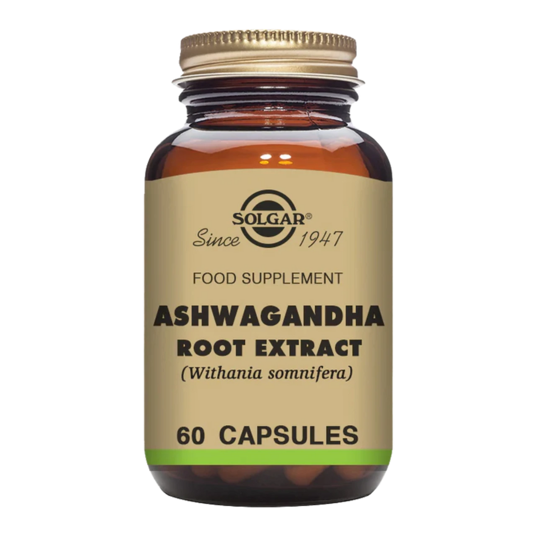 Bottle of Solgar Ashwagandha Root Extract herbal supplement.