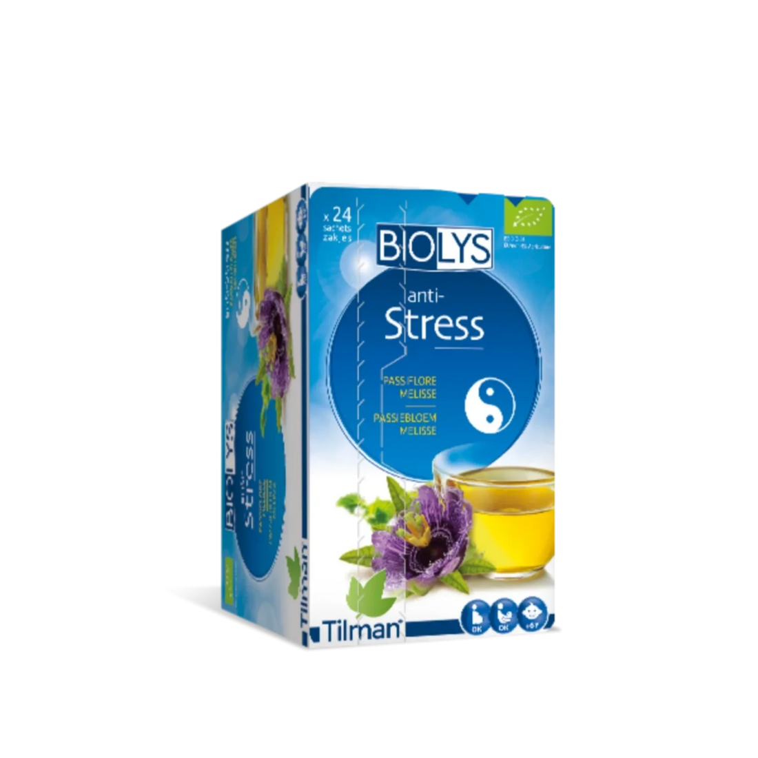 Biolys® Anti-stress Passion Flower and Balm Organic Tea - 100g, promoting relaxation and aiding digestion.