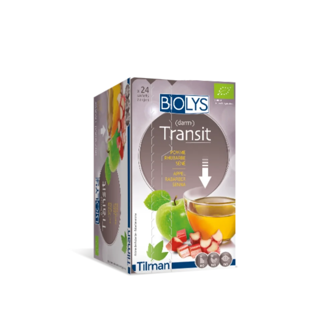 Biolys Intestinal Transit Tea - Apple, Rhubarb, and Senna for healthy digestion and regular bowel movements.