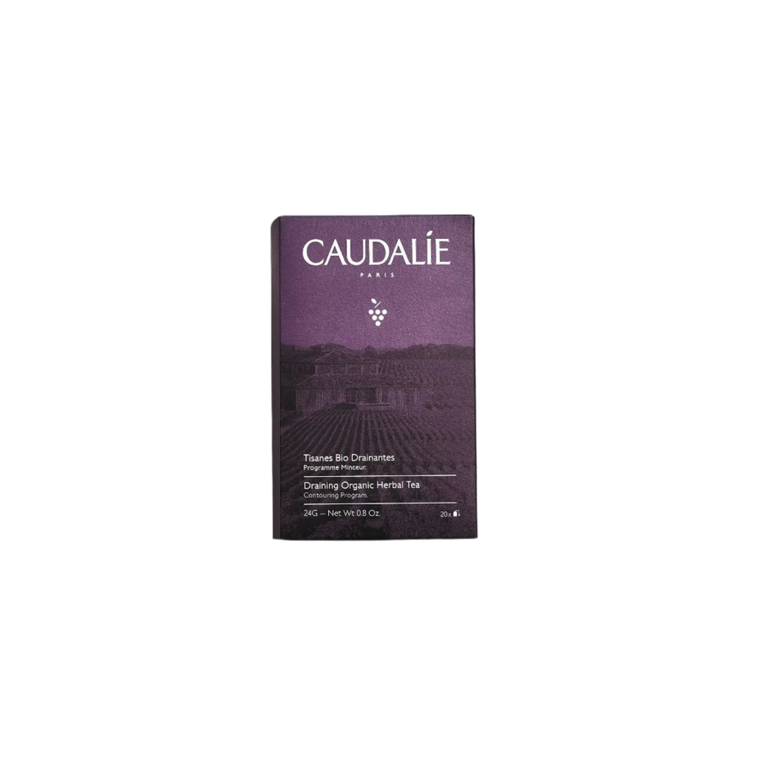 Caudalie Draining Organic Herbal Tea combines red vine, blackcurrant, blueberry, orange peel, and cinnamon.