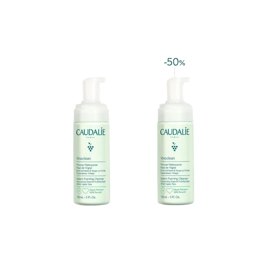 Caudalie Duo Instant Foaming Cleanser in twin bottles with gentle, foaming formula for radiant skin.