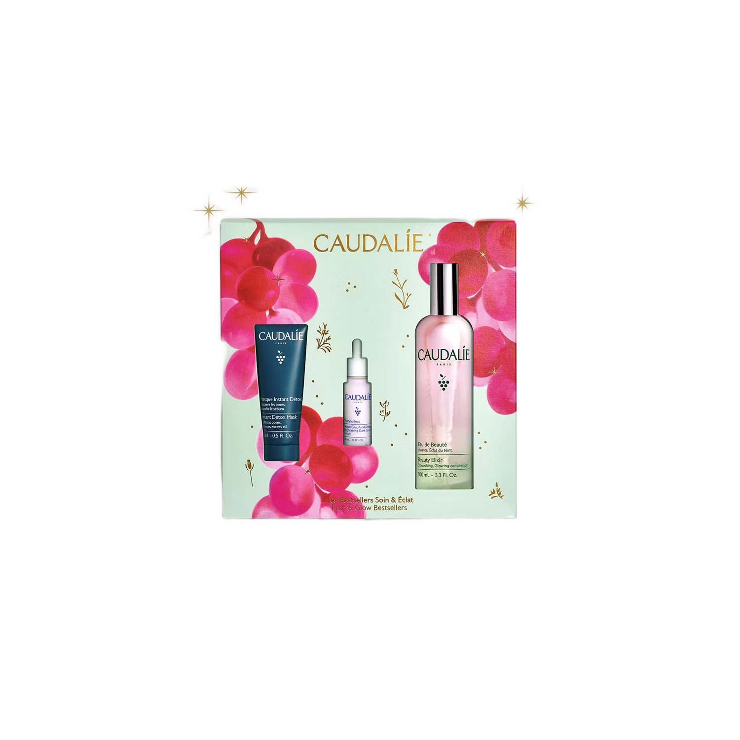 Caudalie Prep &amp; Glow Bestsellers Trio with Beauty Elixir, Instant Detox Mask, and Brightening Dark Spot Serum