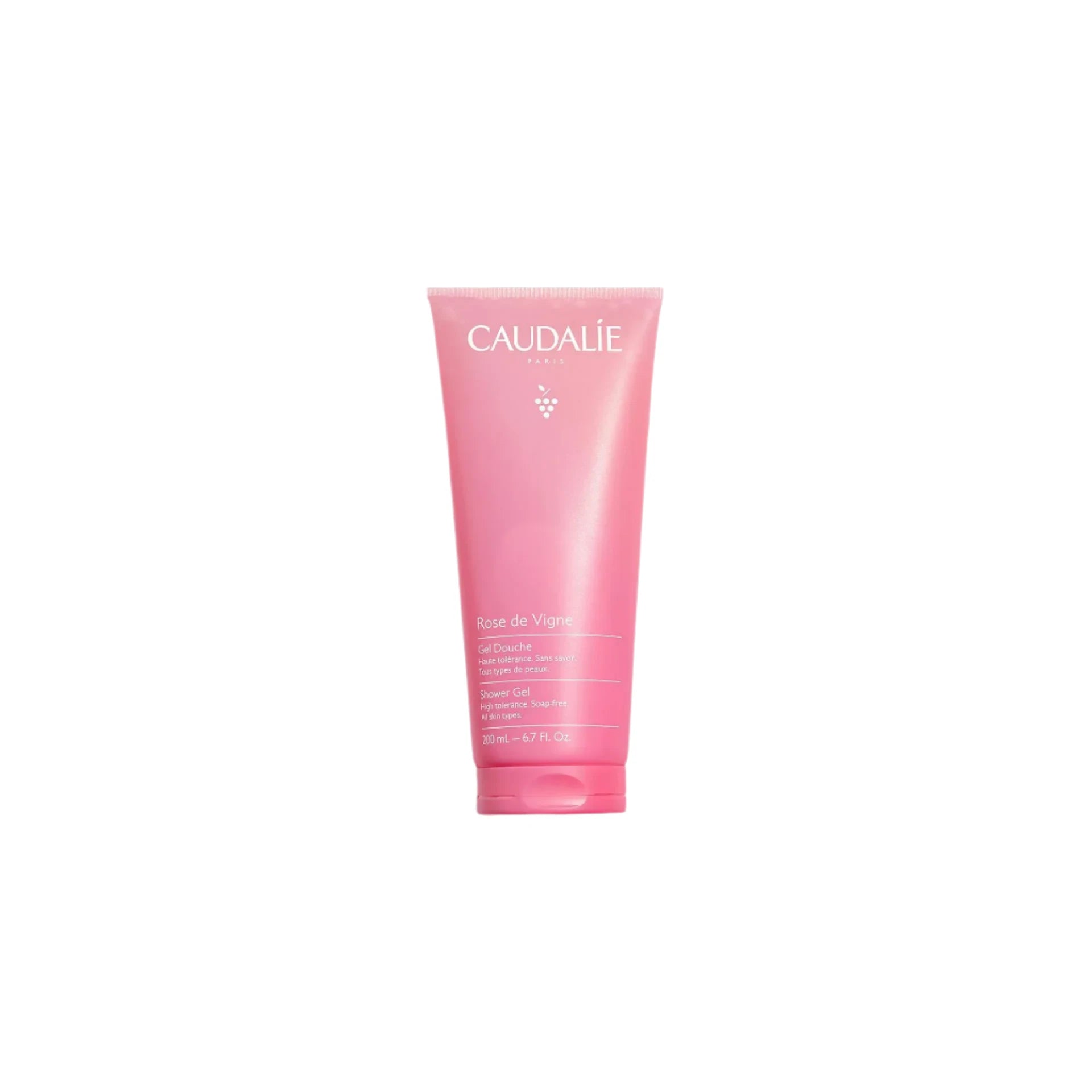 Caudalie Shower Gel Rose de Vigne, soap-free formula with floral notes of rose, rhubarb, and musk, 200ml.