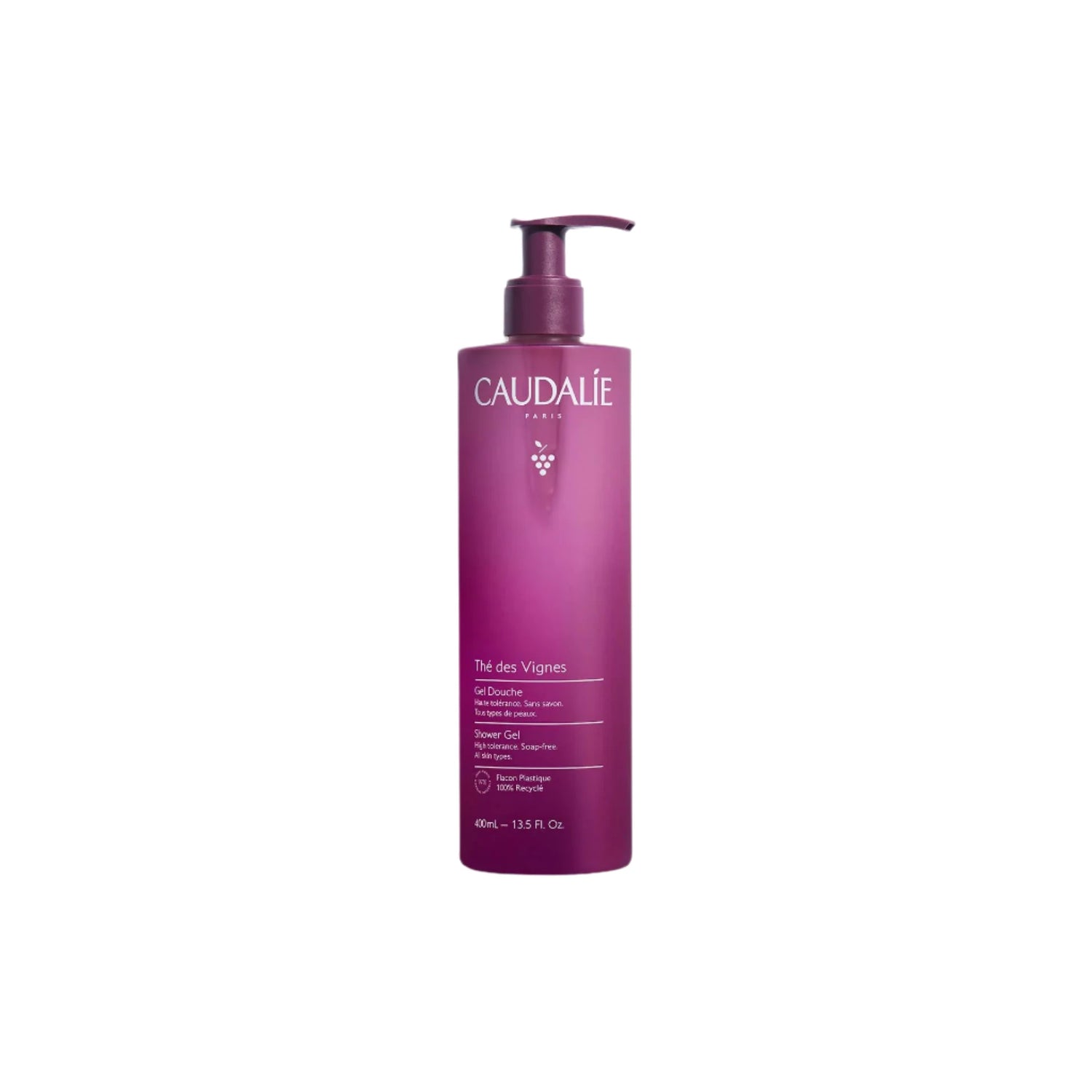 Caudalie Shower Gel Thé des Vignes, soap-free, gentle cleansing with notes of white musk, neroli, and ginger.