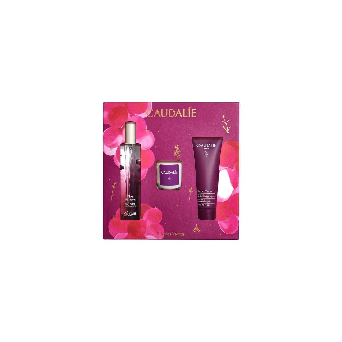 Caudalie Thé des Vignes Fresh Fragrance Gift Set with fragrance, shower gel, and scented candle