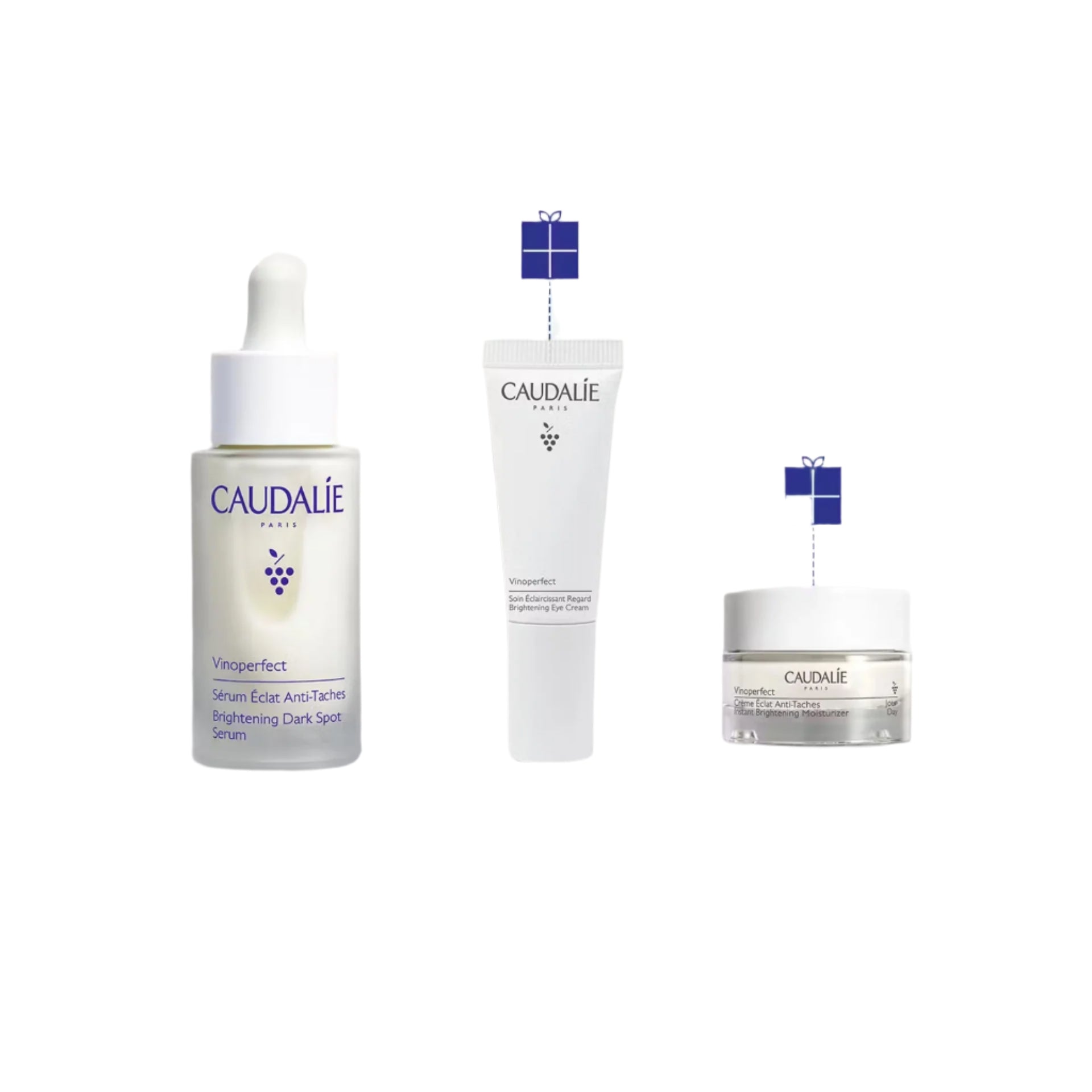 Caudalie Vinoperfect Anti-Dark Spot Trio with Brightening Serum, Eye Cream, and Moisturizer.