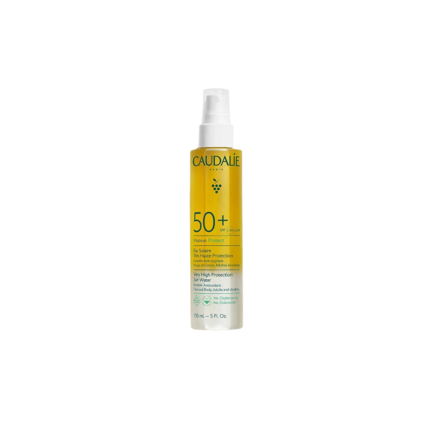 Caudalie Vinosun Protect Very High Protection Sun Water SPF50+ – Lightweight sunscreen with SPF50+ for high protection.

