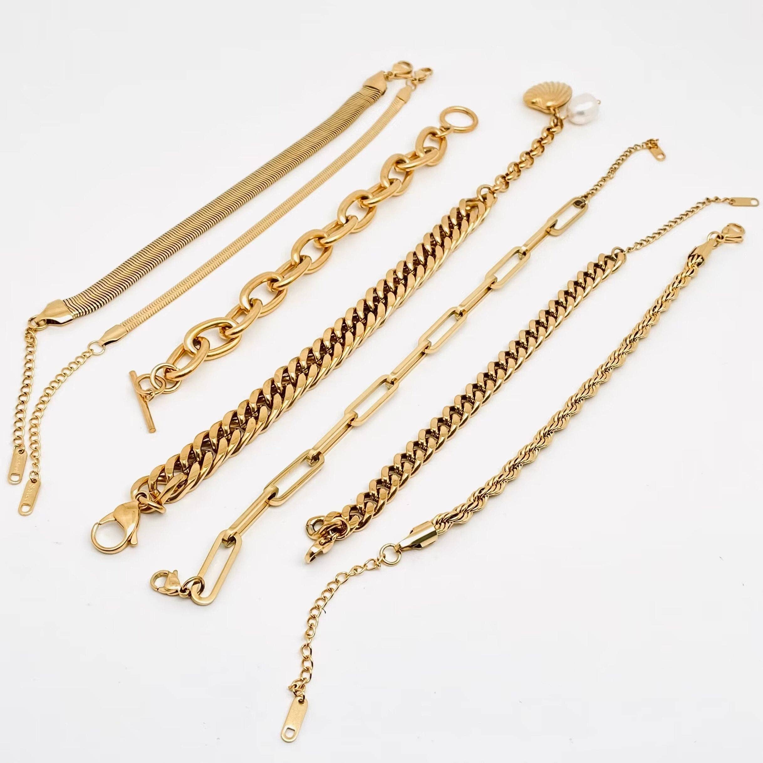 Multi Style 18K Gold Plated Steel Chain Bracelets - FGS: F