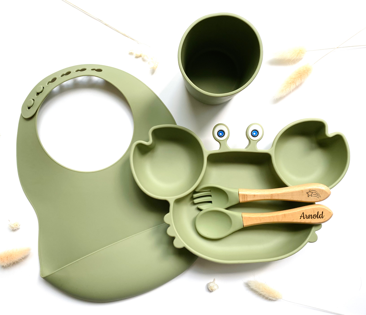 Children's meal pack+bib/glass: Khaki