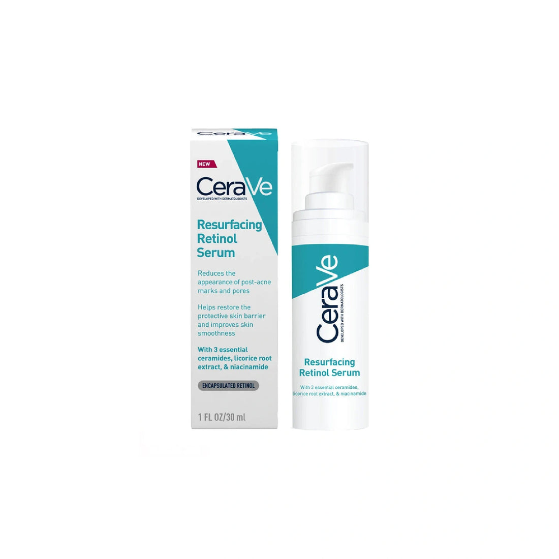CeraVe Resurfacing Retinol Serum for acne marks, lightweight gel serum with encapsulated retinol, niacinamide, and ceramides for smoother, healthier-looking skin.