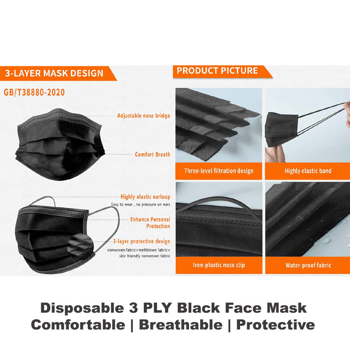 Disposable Mask 3PLY Protection 50 Pcs With Retail Package: Black 50 Pcs