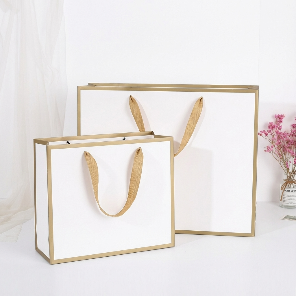 White with Gold Border Paper Gift Bag w/ free tissue: V2