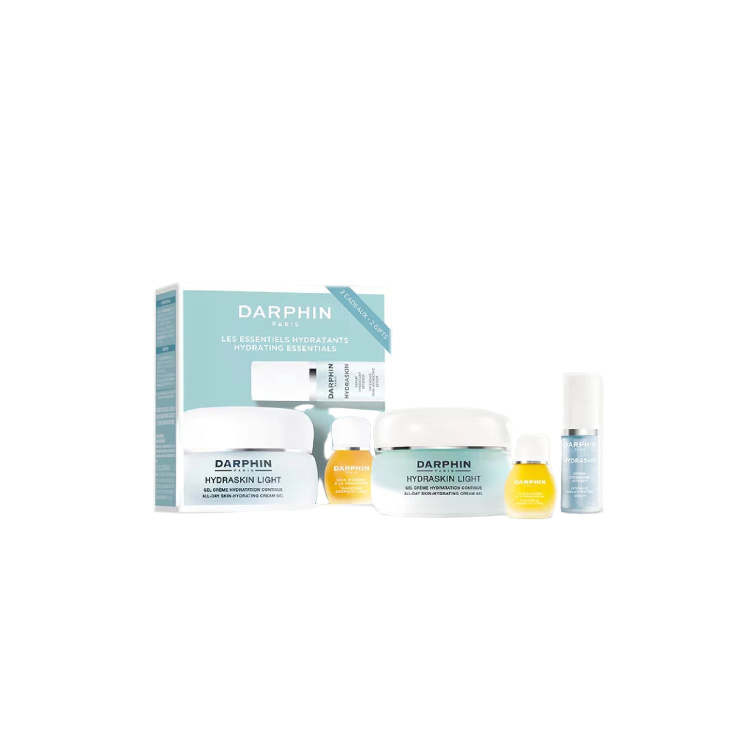 Darphin Hydrating Essentials Set – skincare trio featuring Hydraskin Cream Gel, Hydraskin Serum, and Tangerine Aromatic Care for deeply hydrated and radiant skin.