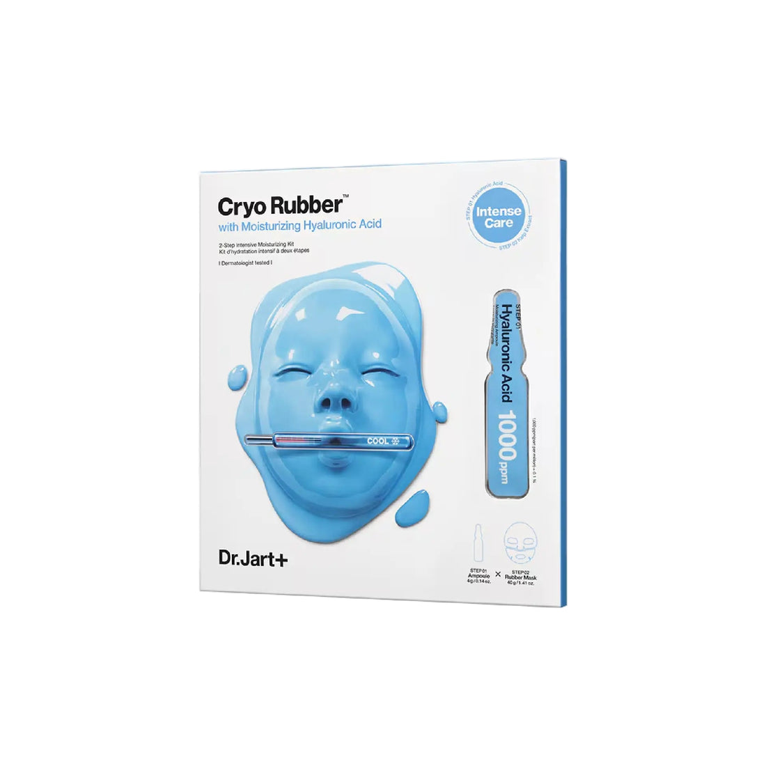 Dr. Jart+ Cryo Rubber™ with Moisturising Hyaluronic Acid – 2-step hydrating treatment mask with serum ampoule and cooling rubber sheet for soft, radiant skin.