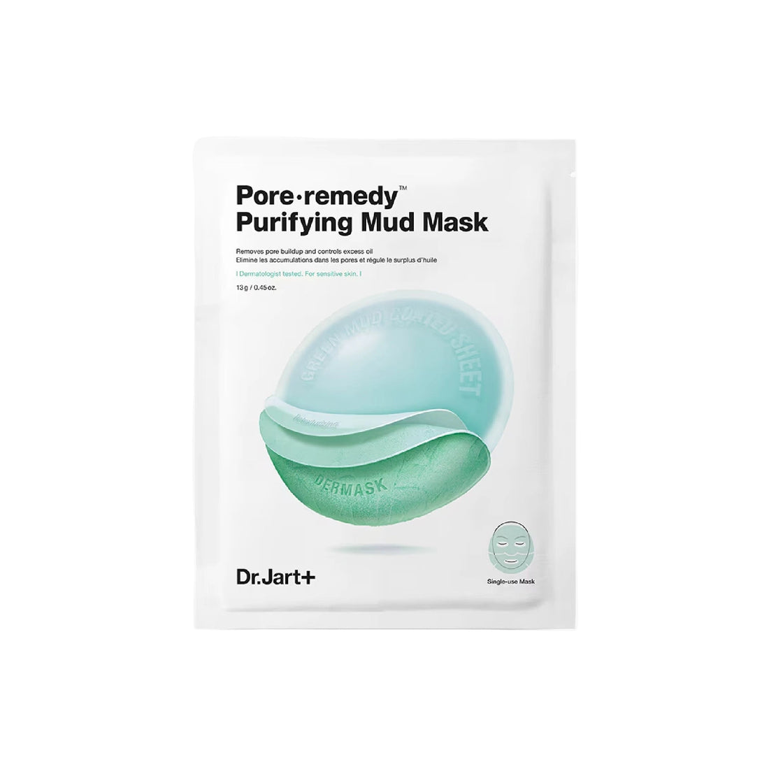 Dr. Jart+ Pore Remedy™ Purifying Mud Face Mask – mess-free green mud sheet mask to purify pores, reduce oil, and refine skin texture.