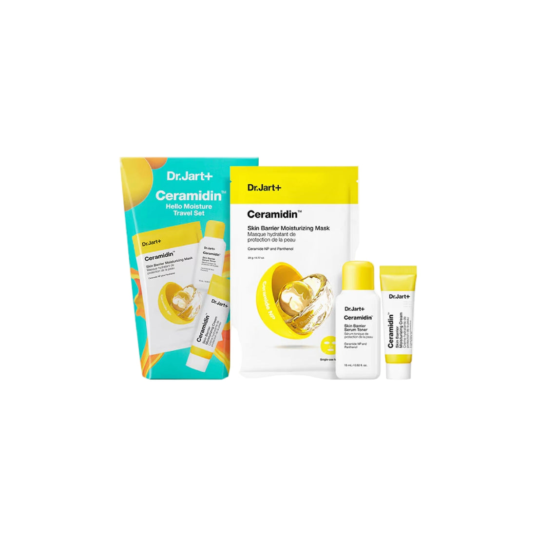 Dr. Jart+ Ceramidin Hello Moisture Travel Set – travel-sized moisturizer, serum toner, and sheet mask for hydrated, barrier-strengthened skin.