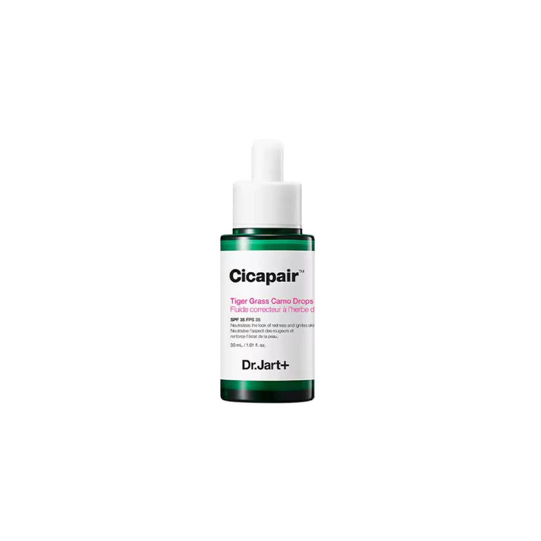 Dr. Jart+ Cicapair™ Tiger Grass Camo Drops SPF 35 – Lightweight green-to-beige redness neutralizing serum with Niacinamide, Centella Asiatica, and mineral sunscreens.