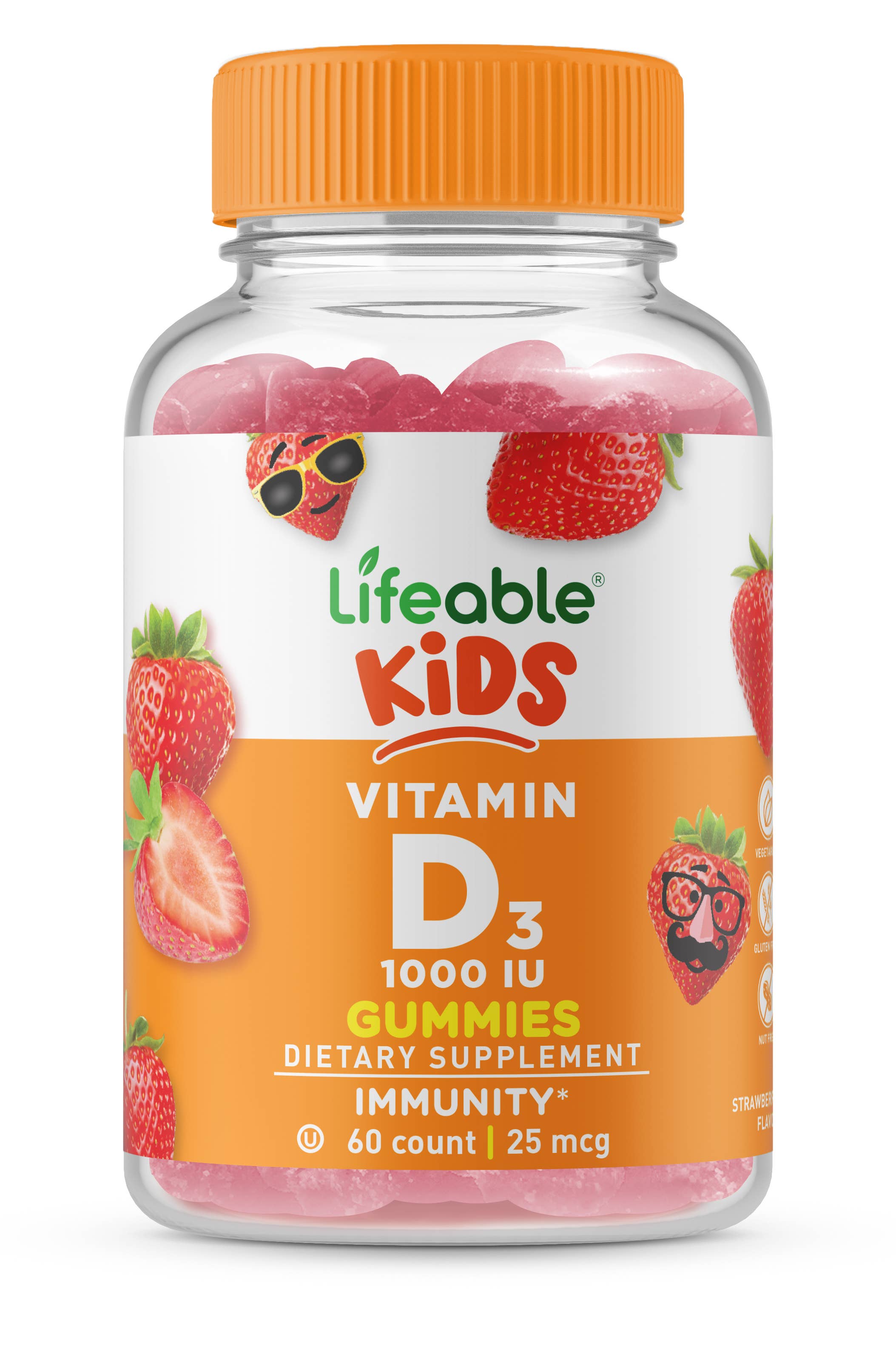 Lifeable Vitamin D for Kids 1,000 IU Gummies, Bone Health: Strawberry Flavor / 60 Gummies