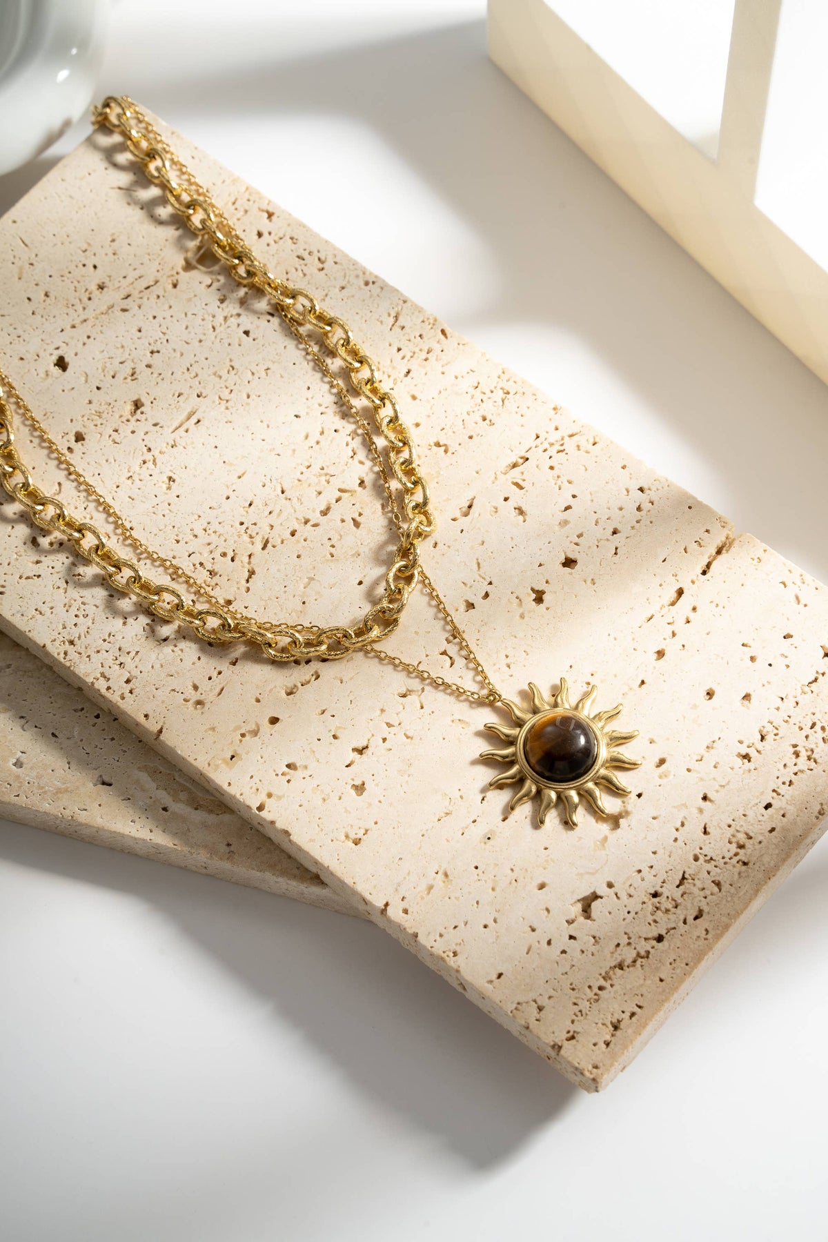 Golden Stainless Steel Sun Tiger Eye Necklace Shine