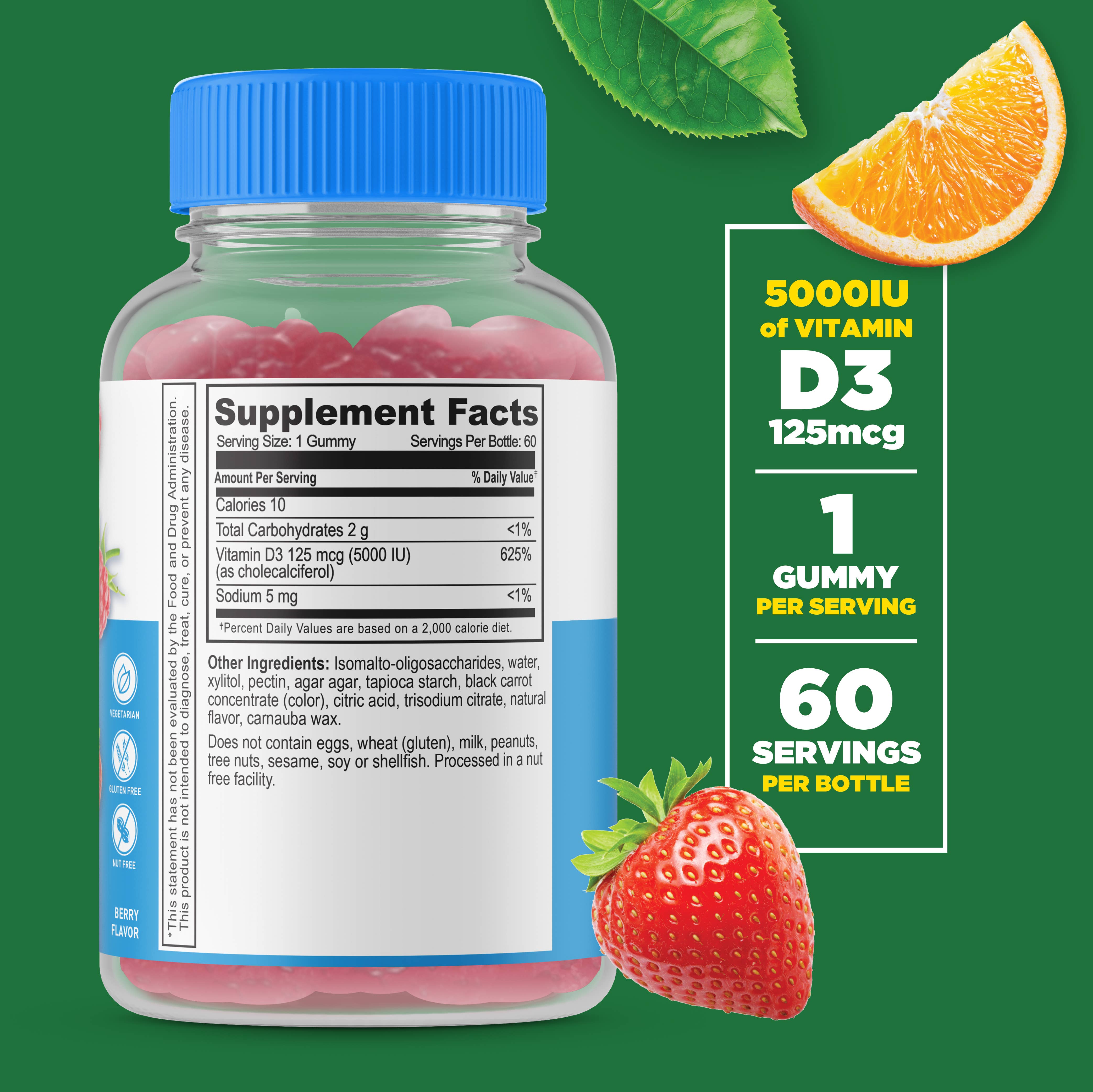 Lifeable Sugar Free Vitamin D 5,000 IU Gummies, Bone Health: Berry Flavor / 60 Gummies