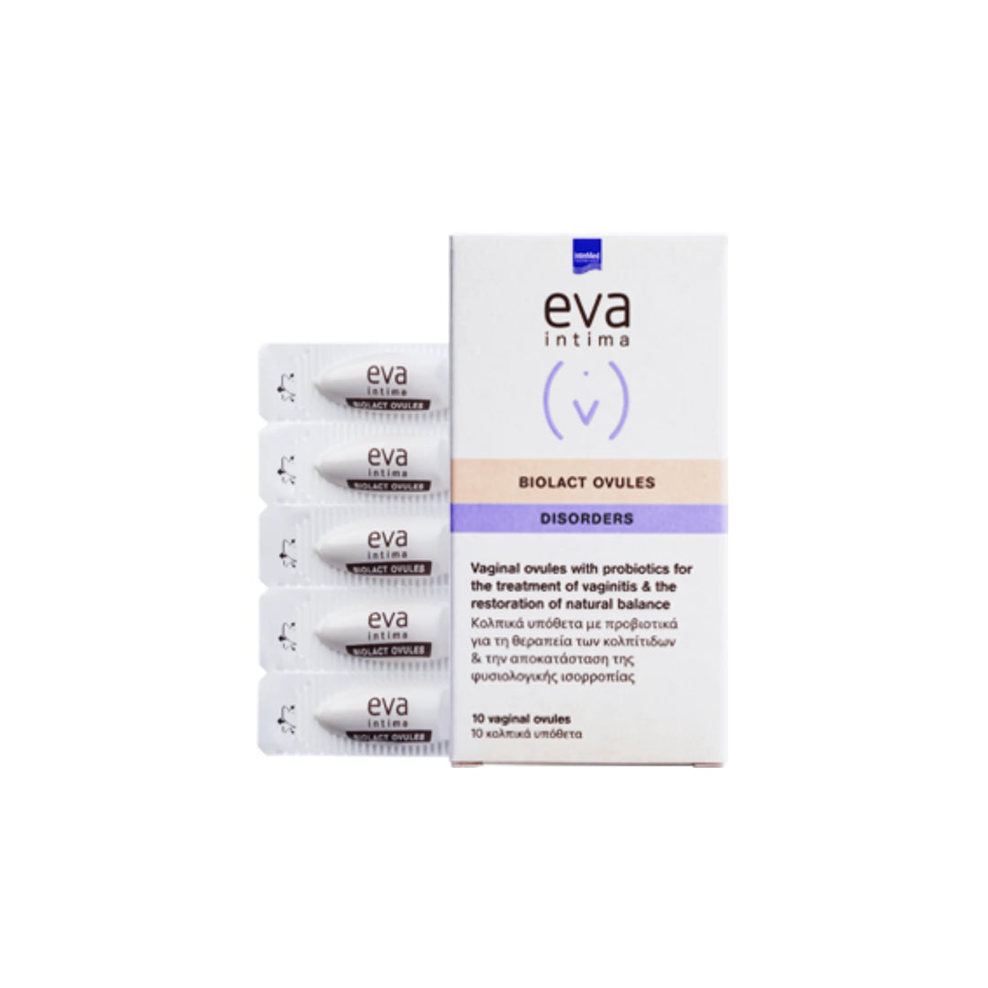 Eva Intima Biolact Ovules for restoring vaginal health and treating vaginitis with probiotics.