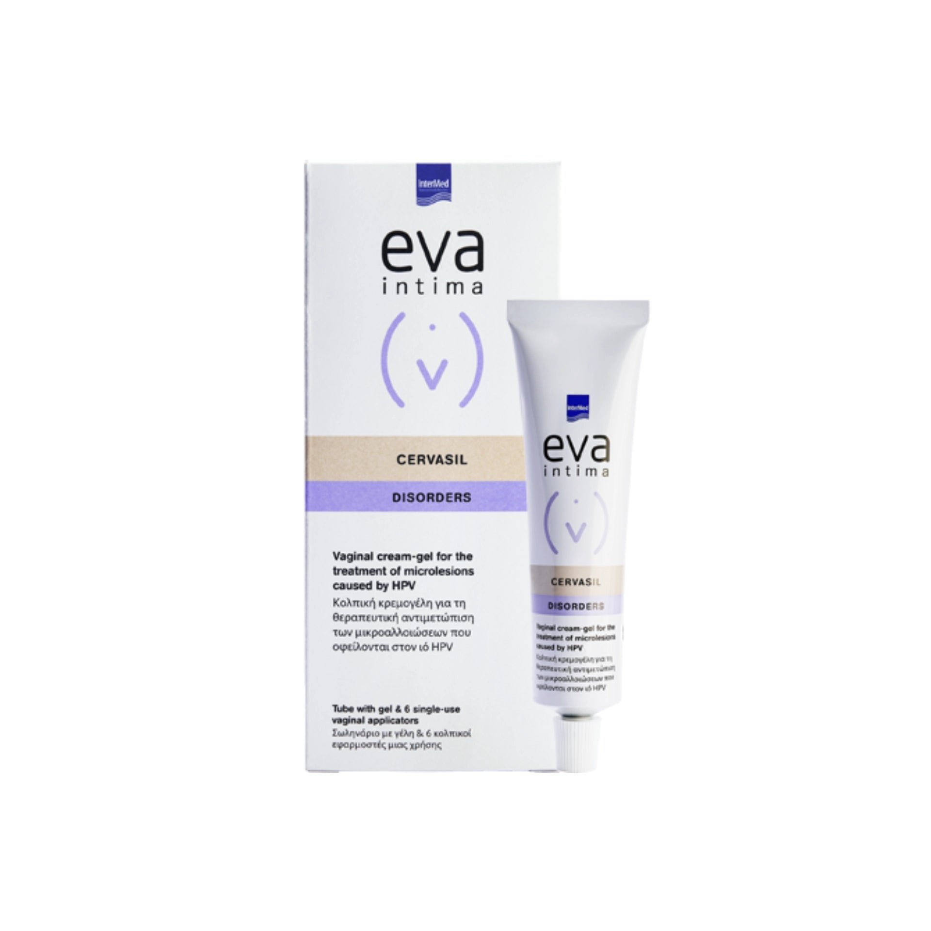 EVA Intima Cervasil Vaginal Cream-Gel tube and six applicators in packaging.