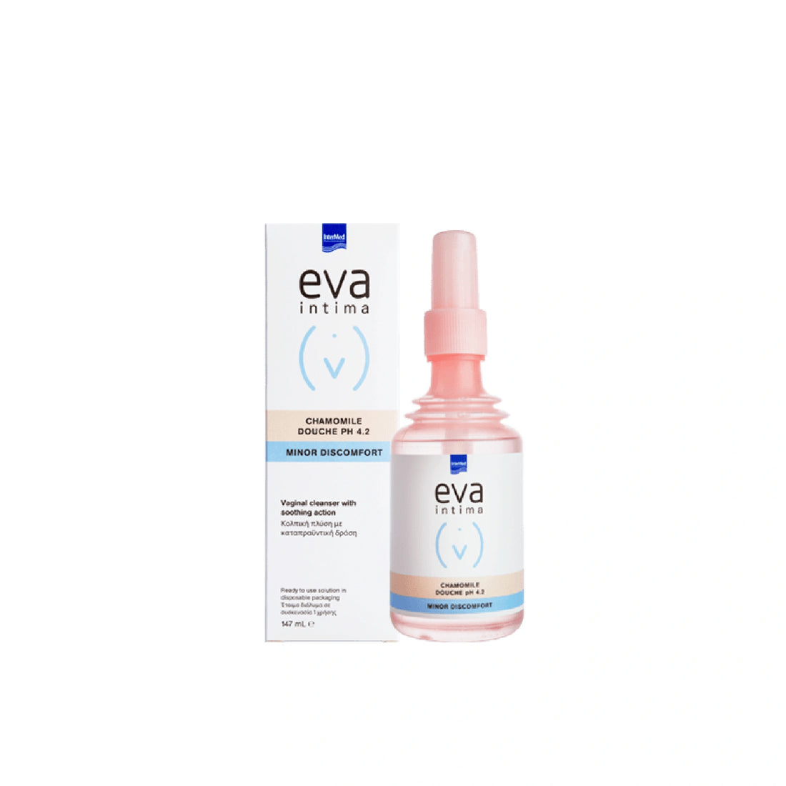 EVA Intima Chamomile Douche pH 4.2 single-use solution with chamomile for gentle vaginal cleansing.