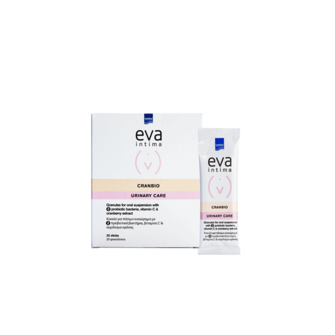 EVA Intima Cranbio supplement with 20 sachets for urinary and vaginal health.