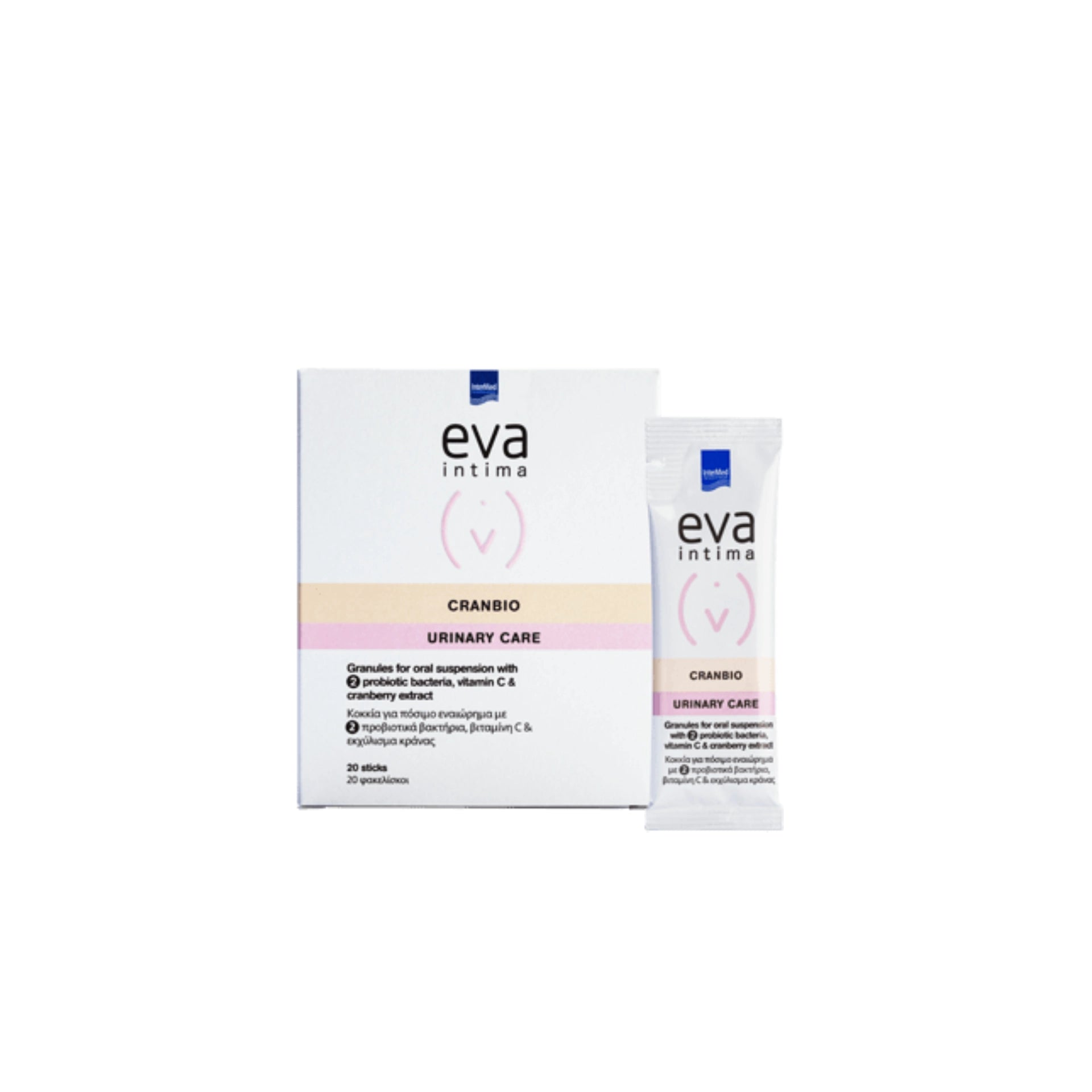 EVA Intima Cranbio supplement with 20 sachets for urinary and vaginal health.