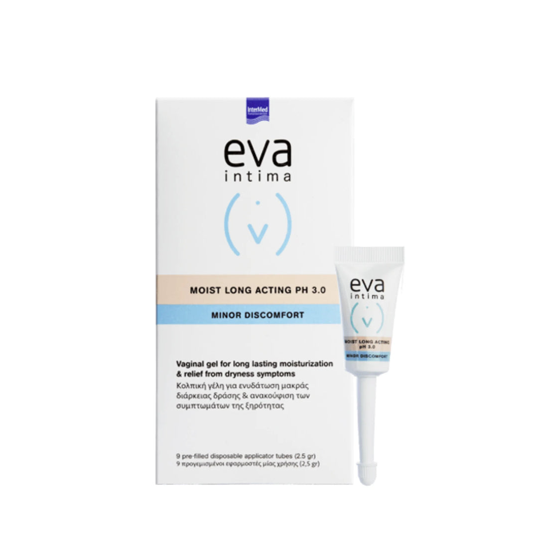 EVA Intima Moist Long Acting Gel for long-lasting vaginal hydration with hyaluronic acid and soothing extracts.