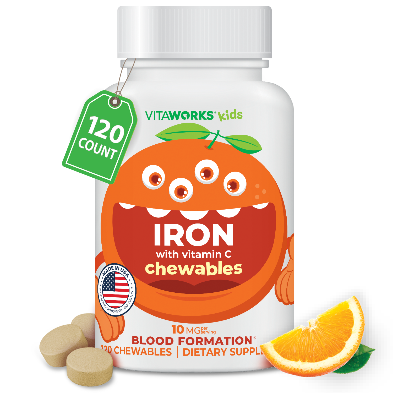 VitaWorks Kids Iron Chewables, Blood Formation: Natural Orange Flavor / 120 Count