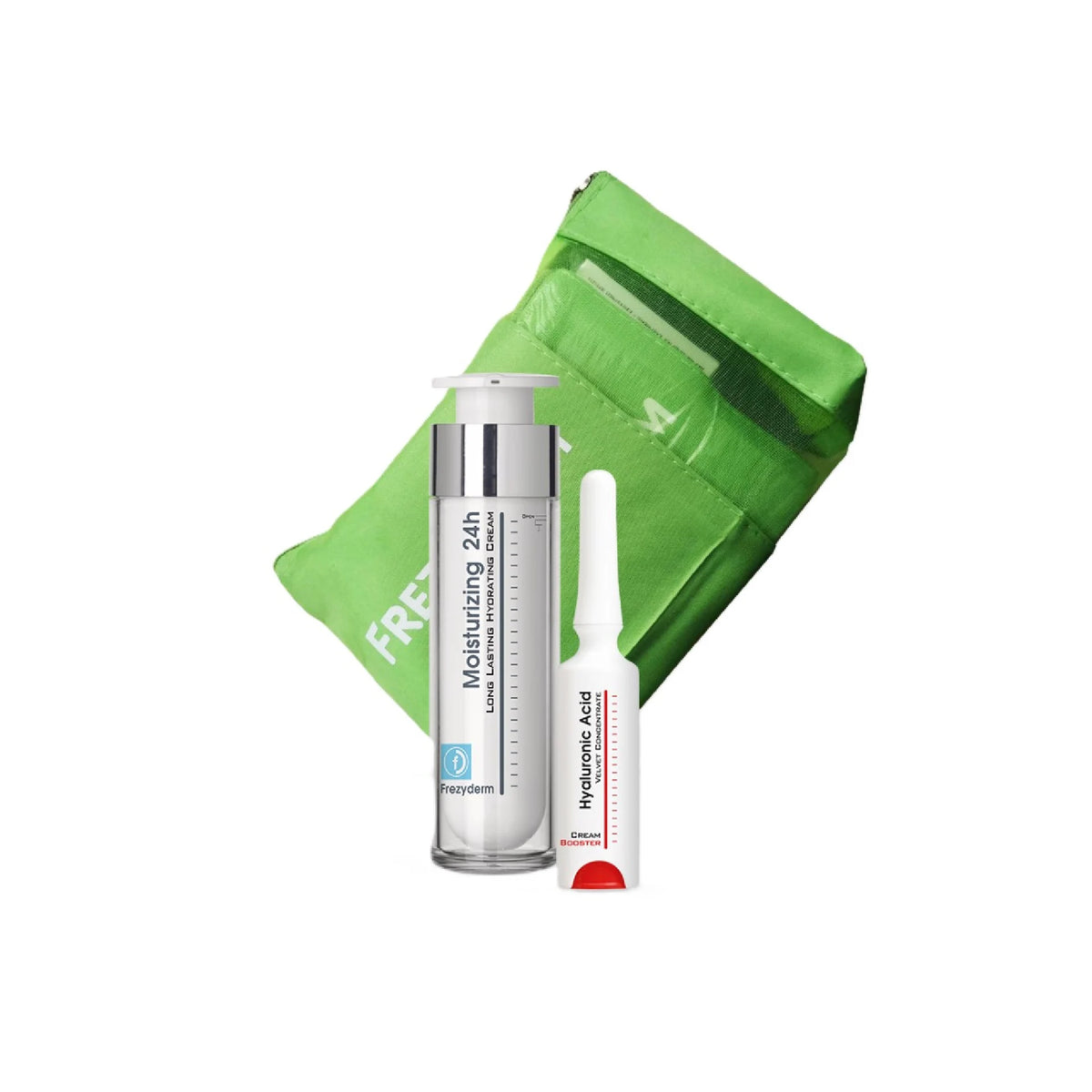 Frezyderm AA 20+ Beauty Pack with hydrating cream, hyaluronic acid booster, and tote bag for anti-aging care.