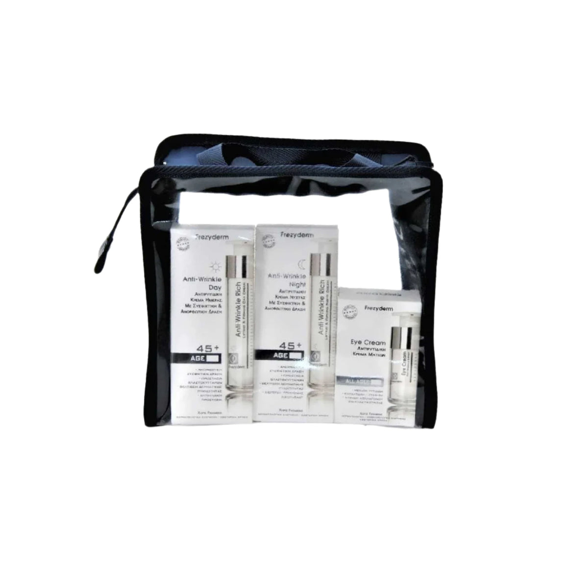 Frezyderm Anti-Ageing Pack 45+ with rich day cream, night cream, and anti-wrinkle eye cream.