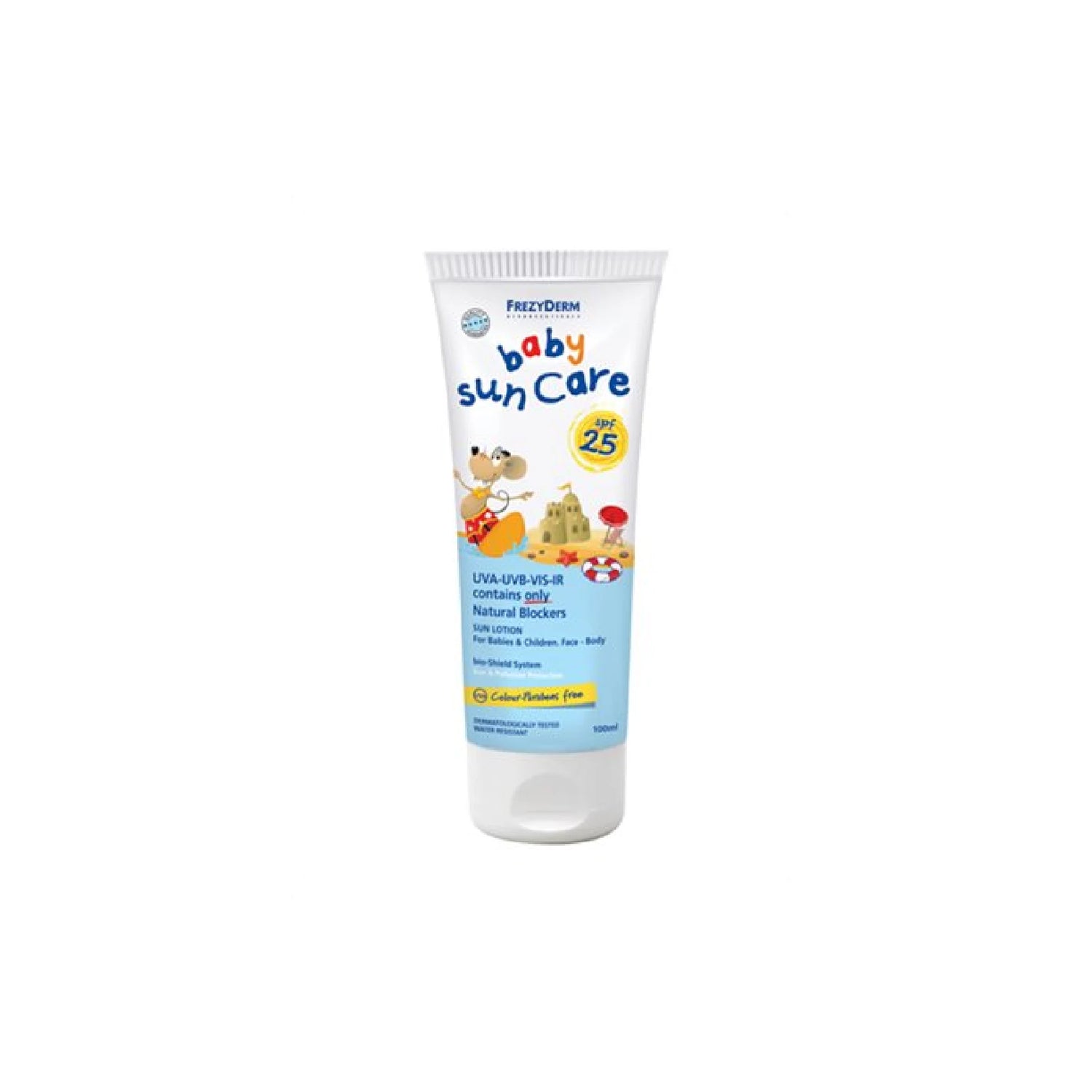 Frezyderm Baby Sun Care SPF 25 sunscreen for babies, designed for sensitive skin with natural filters.