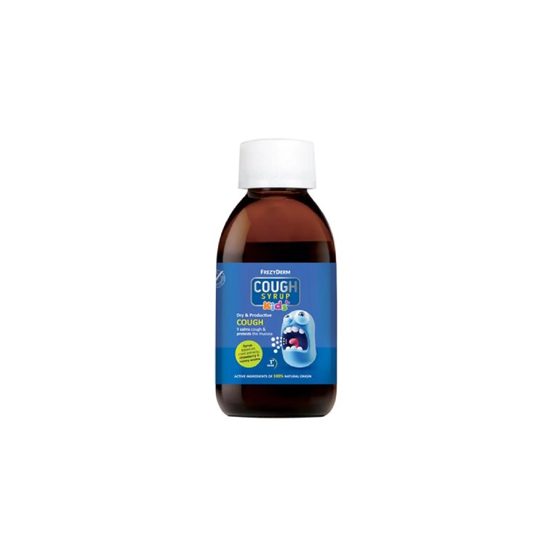 Frezyderm Cough Syrup Kids with strawberry and honey flavor for dry and productive cough relief in children.