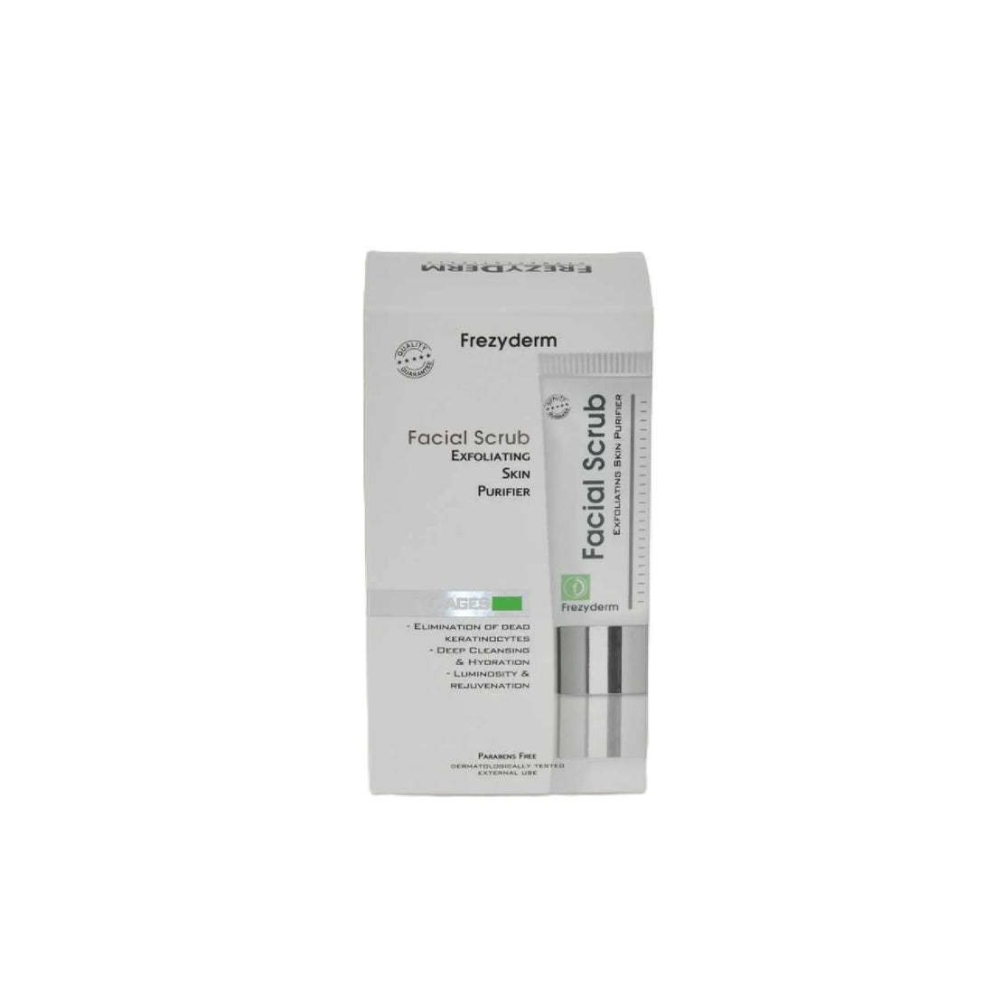 Frezyderm Facial Scrub 100ml - Gentle exfoliant with Jojoba beads, Moringa peptides, and Hyaluronic Acid for skin hydration and protection.