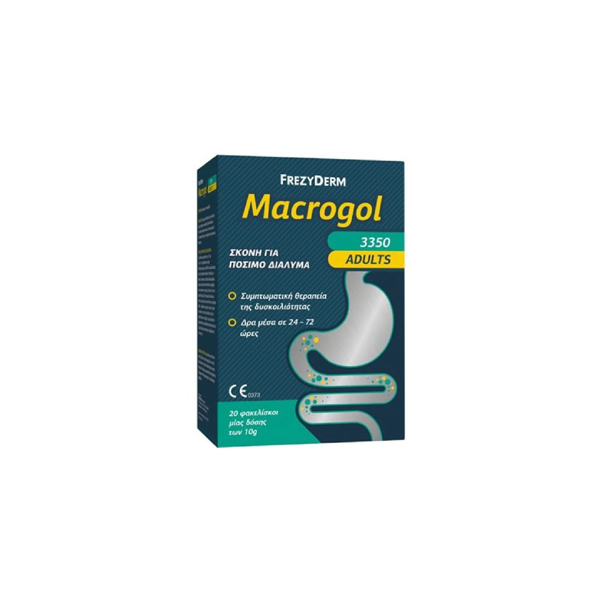 Frezyderm Macrogol Adults 3350 Powder – Medical solution for effective constipation relief, gluten-free and neutral-tasting.