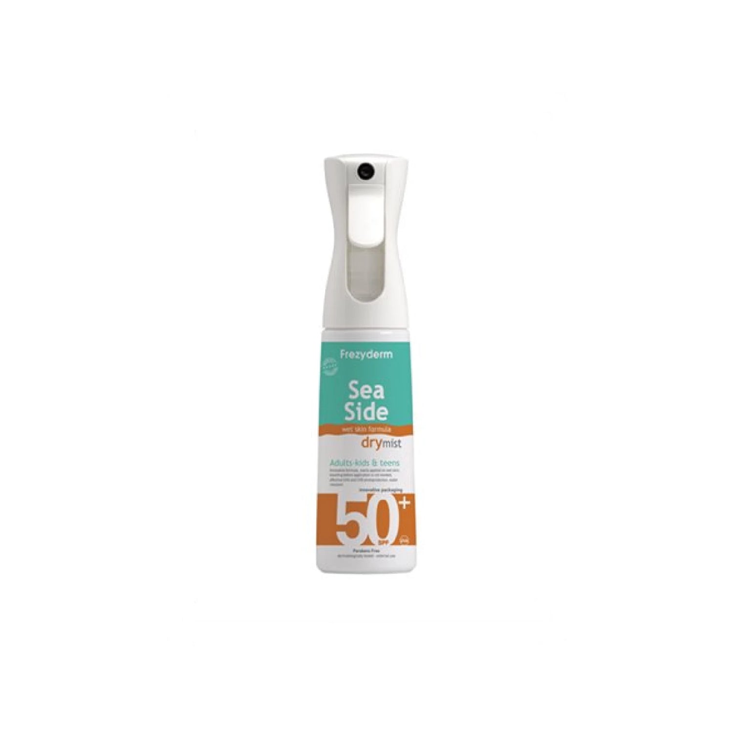 Frezyderm Sea Side Dry Mist SPF50 sunscreen spray for high protection, suitable for all ages, with water resistance and photoaging defense.