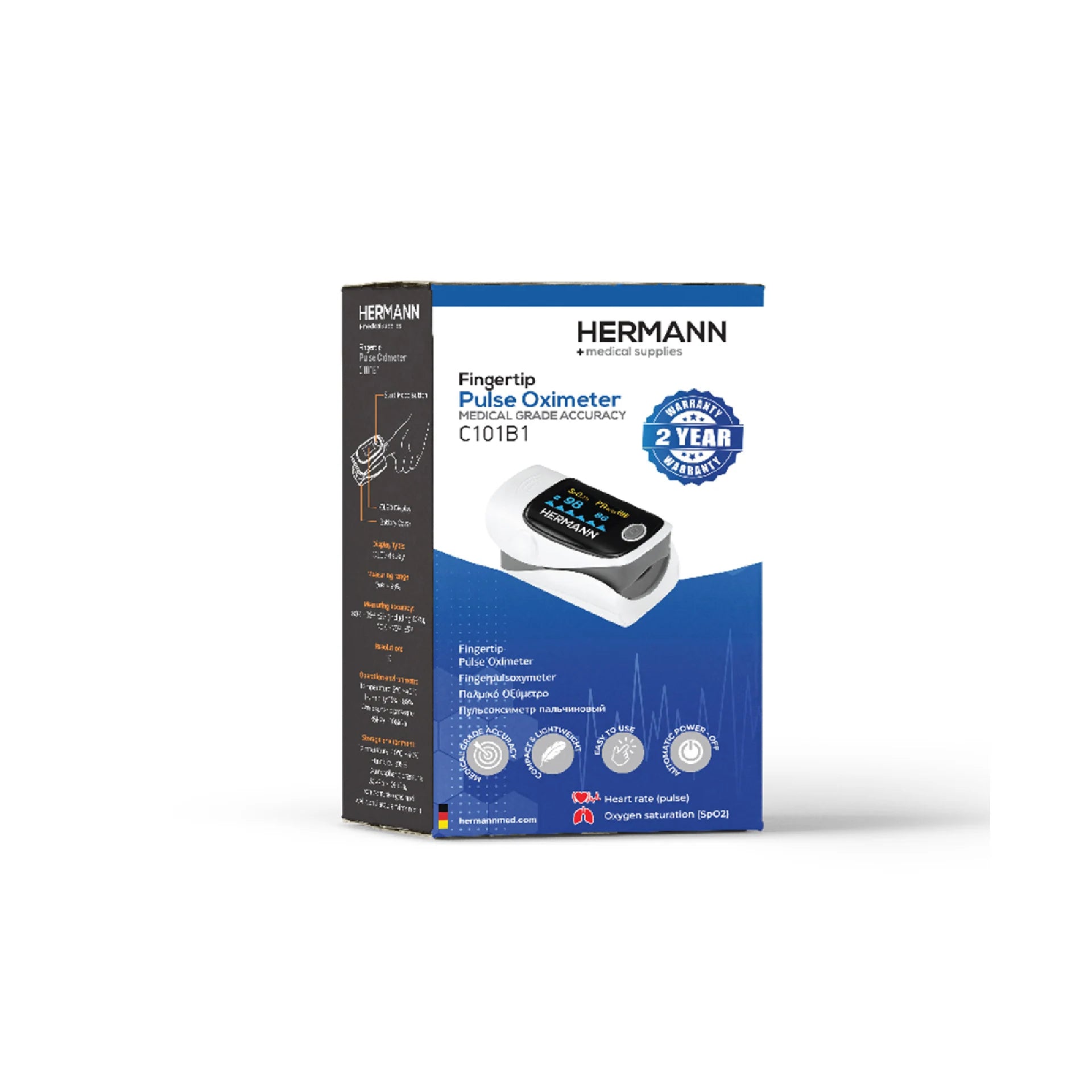 Hermann Fingertip Pulse Oximeter A310 with OLED display for accurate oxygen monitoring.